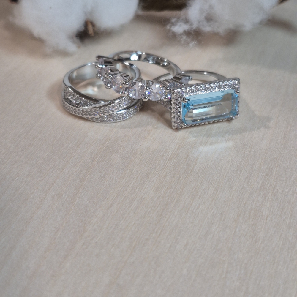 🩵🩶NEW🩵🩶 STUNNING!! Vintage 3PC Set Aquamarine CZ'S Rings In SILVER Plating - Picture 13 of 16
